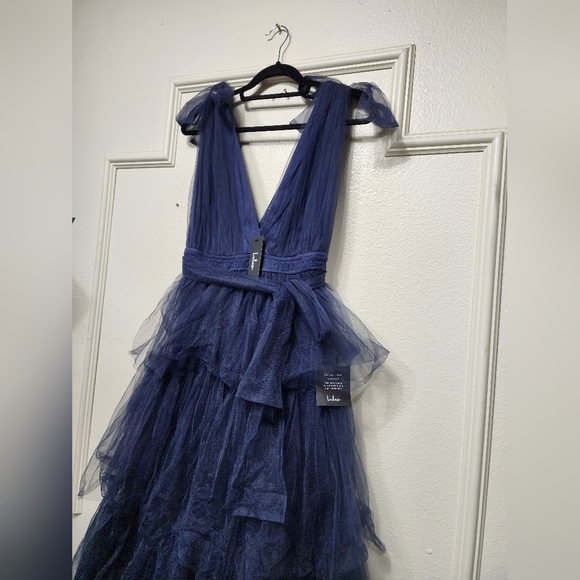 Lulus Flawless Arrival Navy Blue Tulle Tie-Strap Tiered Maxi Dress L Wedding - Picture 7 of 8